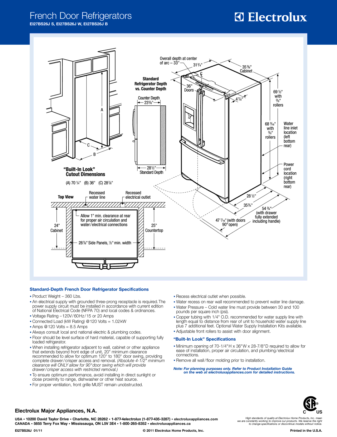 Electrolux EI27BS26J B, EI27BS26J W Standard-Depth French Door Refrigerator Specifications, Built-In Look Specifications 