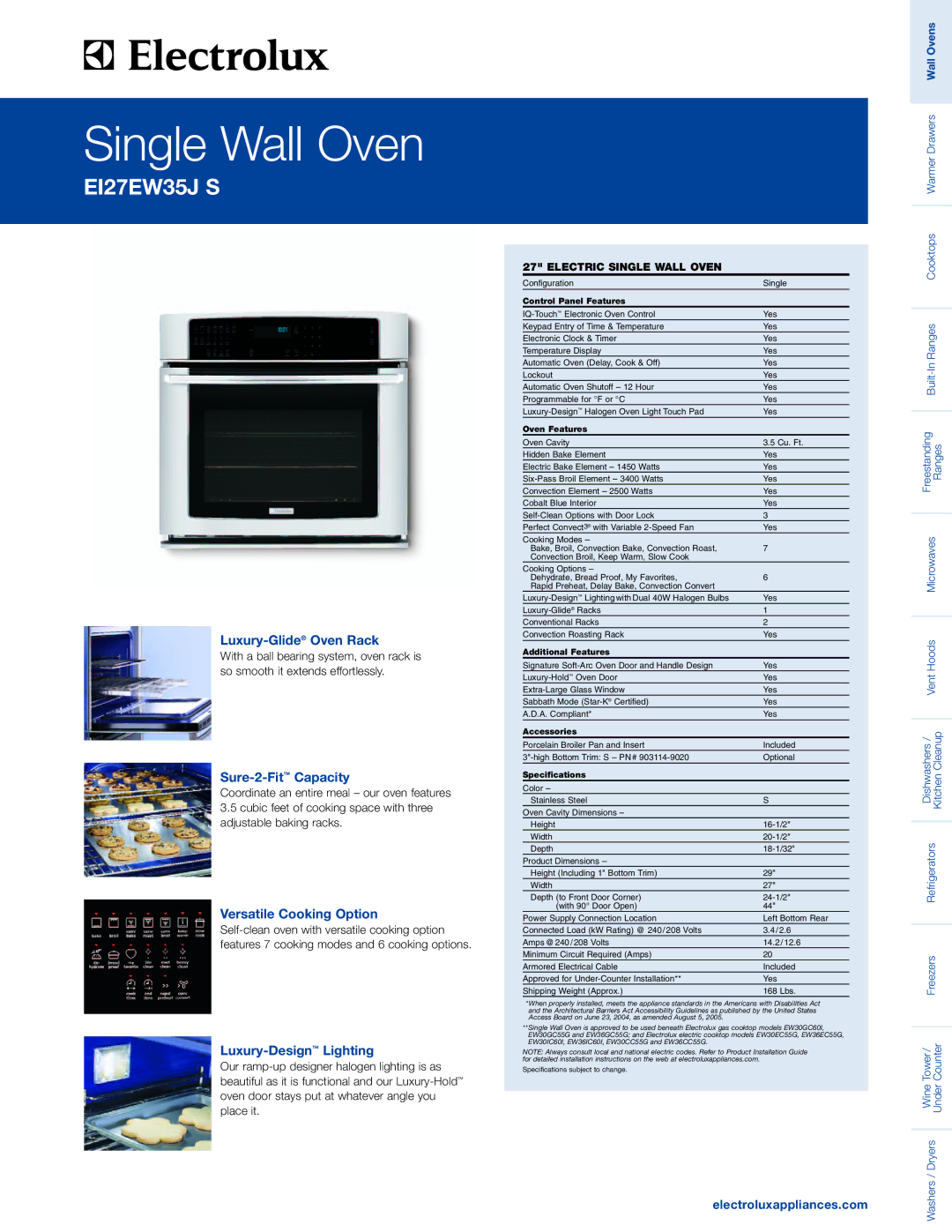 Electrolux EI27EW35J S specifications Luxury-GlideOven Rack, Sure-2-FitCapacity, Versatile Cooking Option 