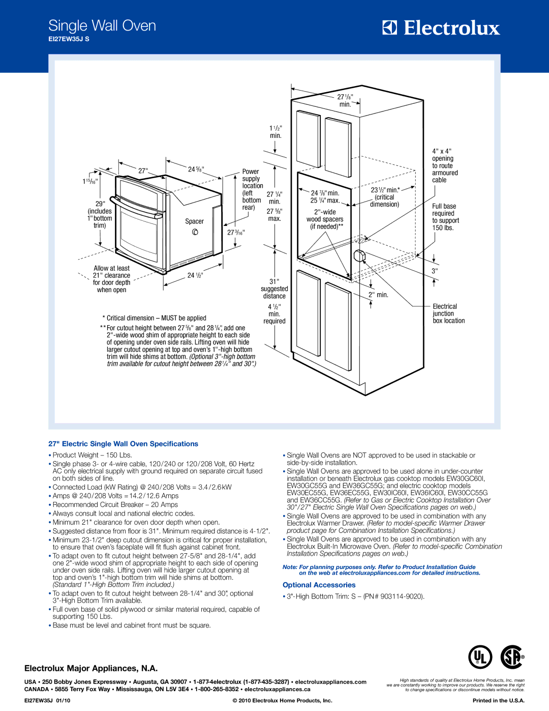 Electrolux EI27EW35J S specifications 28 /4, Electric Single Wall Oven Specifications, Optional Accessories 