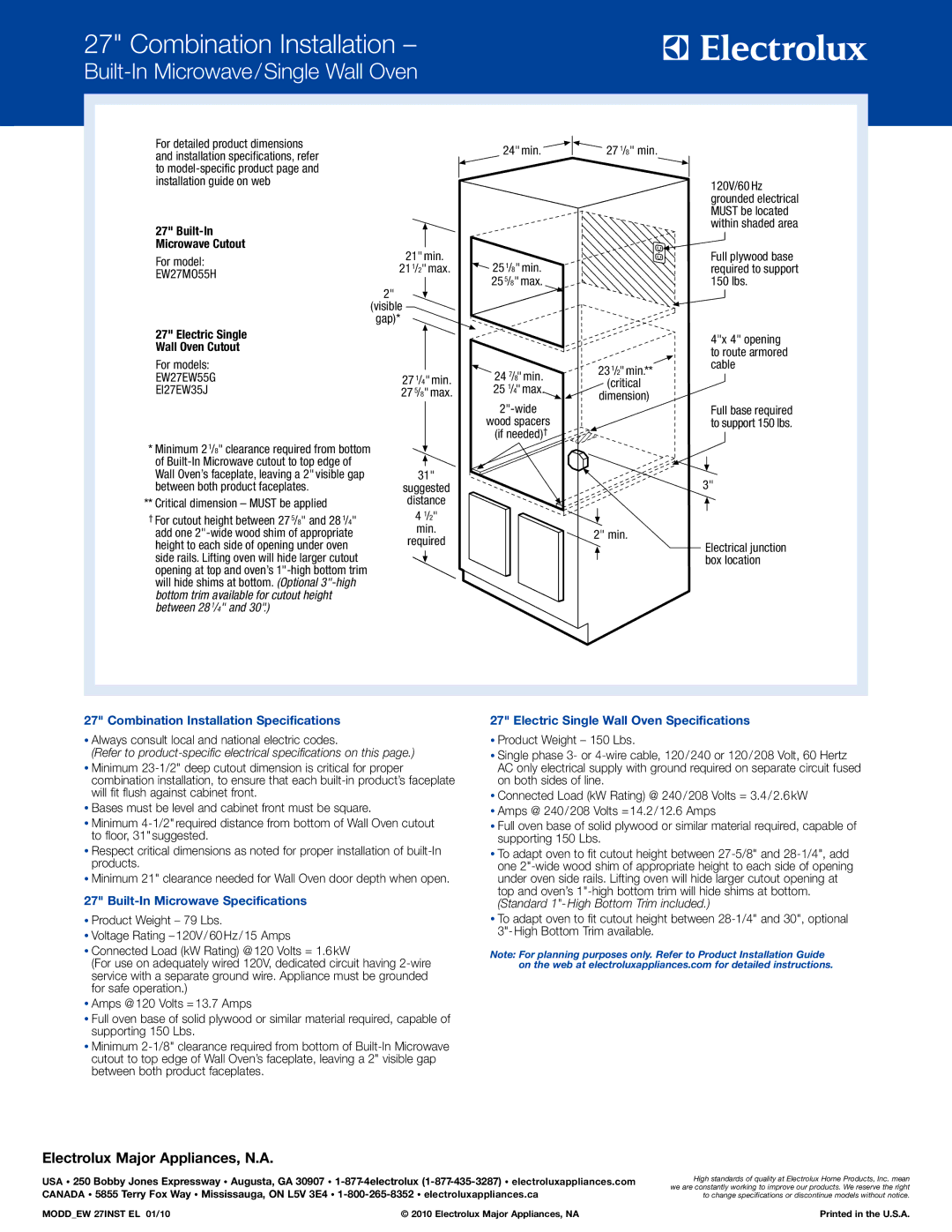 Electrolux EI27EW35J S Combination Installation, Built-In Microwave/Single Wall Oven, Built-In Microwave Specifications 