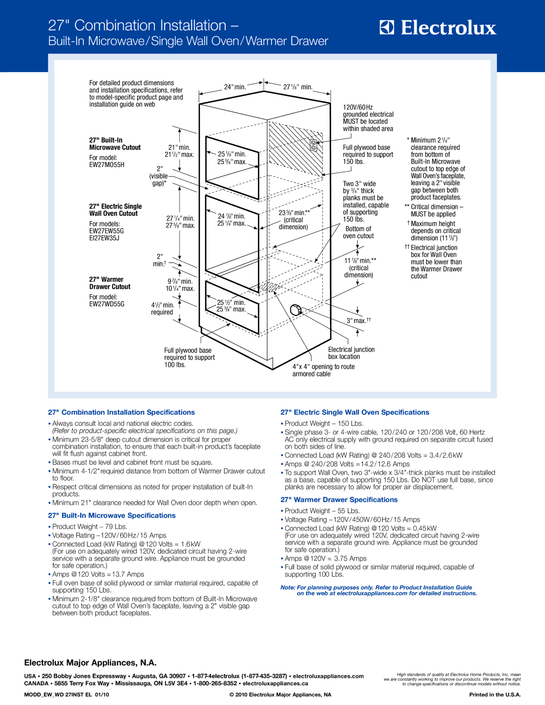 Electrolux EI27EW35J S Built-In Microwave/Single Wall Oven/Warmer Drawer, Drawer Cutout, Warmer Drawer Specifications 