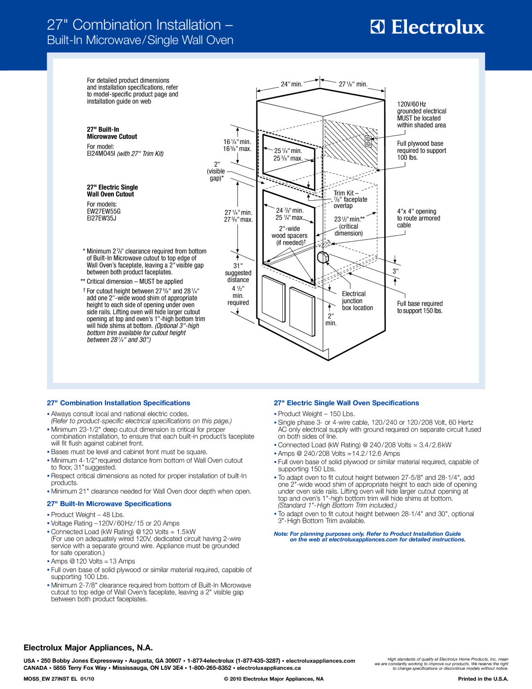 Electrolux EI27EW35J S specifications EI24MO45I with 27 Trim Kit, Electric Single Wall Oven Cutout 