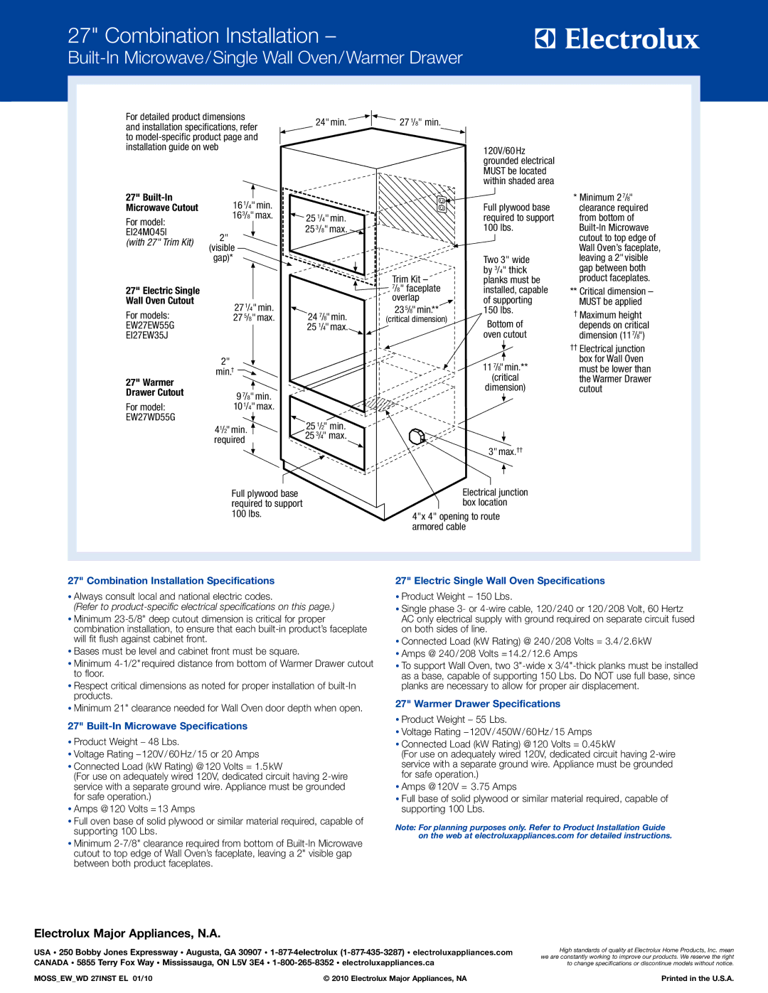 Electrolux EI27EW35J S specifications EI24MO45I, With 27 Trim Kit 