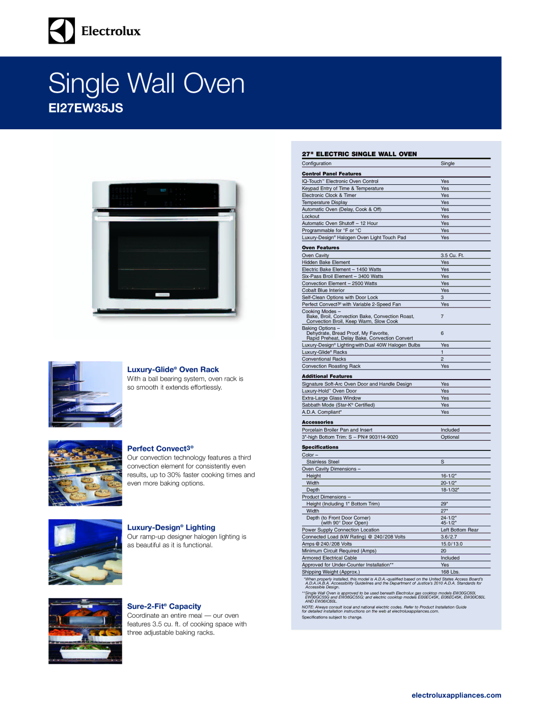 Electrolux EI27EW35JS specifications Single Wall Oven 