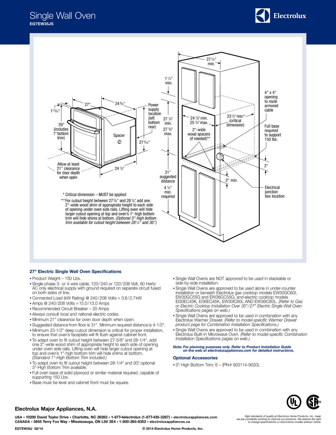 Electrolux EI27EW35JS specifications Single Wall Oven, Add one 