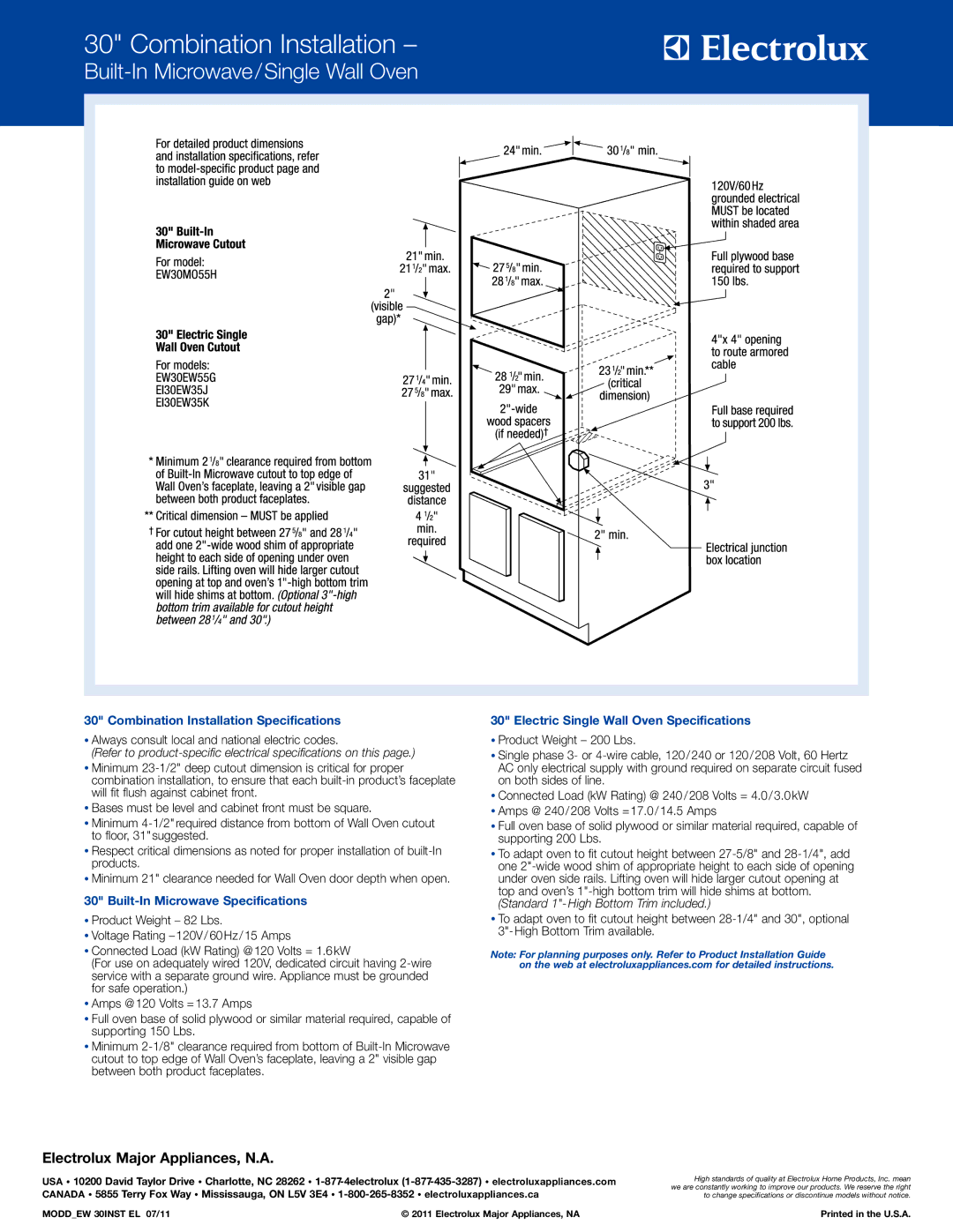 Electrolux EI27EW35JS specifications Combination Installation, Built-In Microwave/Single Wall Oven 