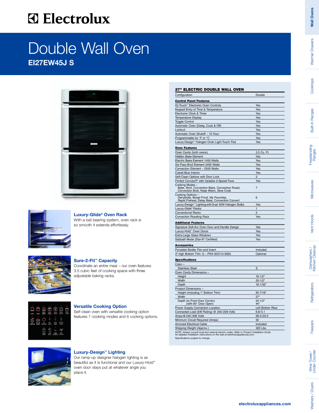 Electrolux EI27EW45J S specifications Luxury-GlideOven Rack, Sure-2-FitCapacity, Versatile Cooking Option 