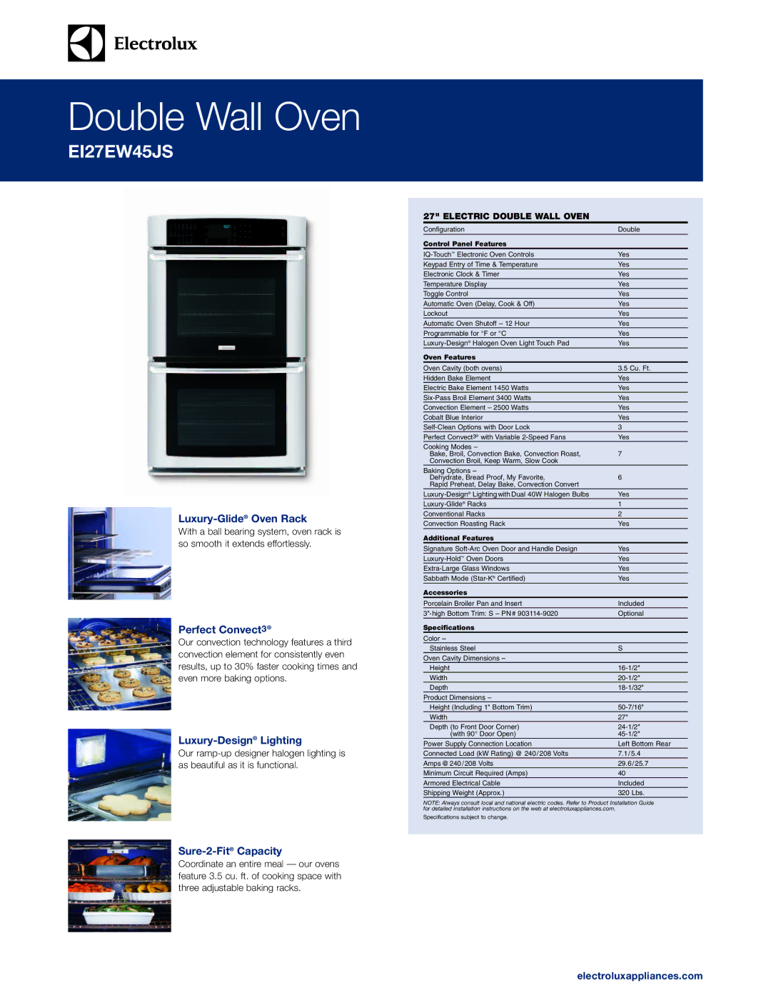 Electrolux EI27EW45JS specifications Luxury-GlideOven Rack, Perfect Convect3, Luxury-DesignLighting, Sure-2-FitCapacity 