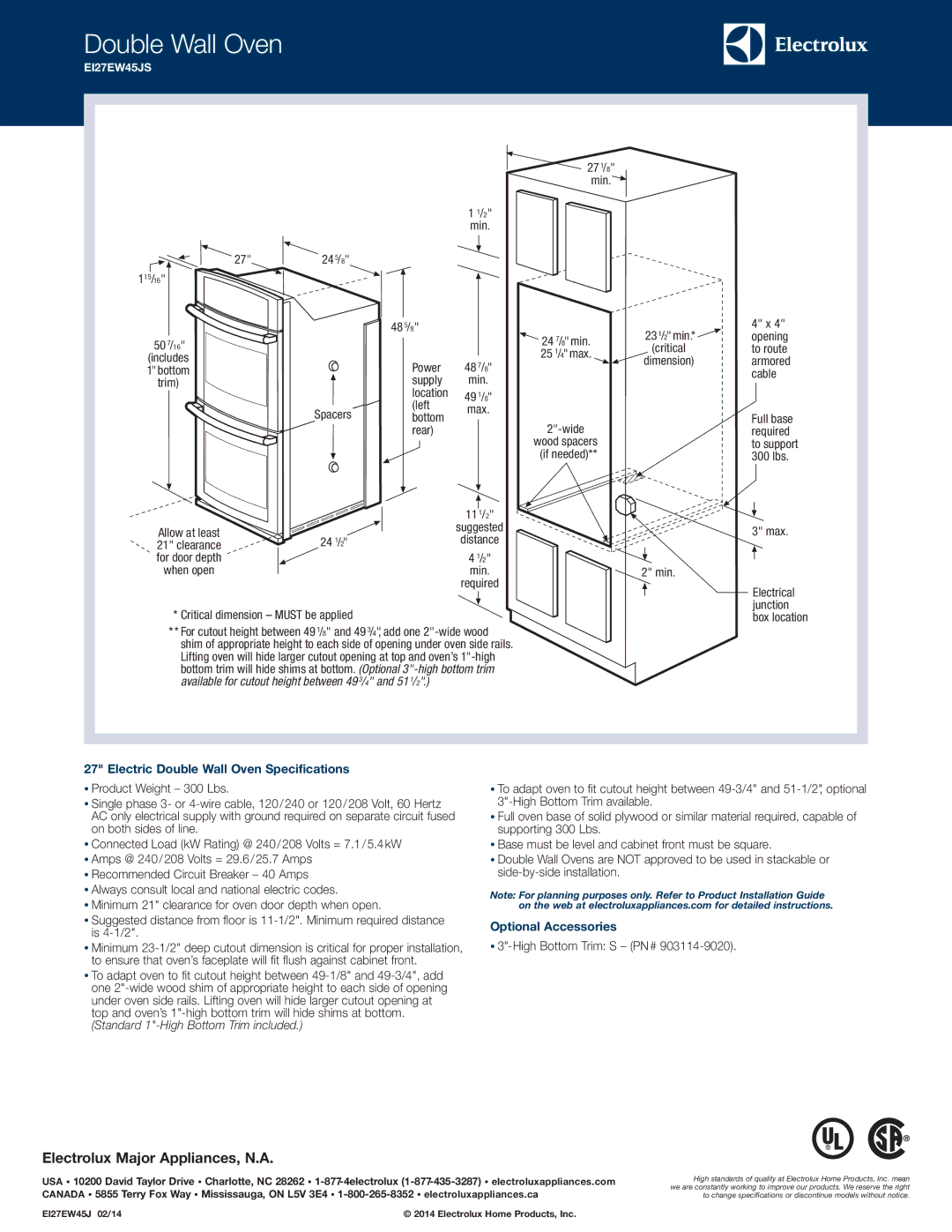 Electrolux EI27EW45JS specifications Electric Double Wall Oven Specifications, Optional Accessories 