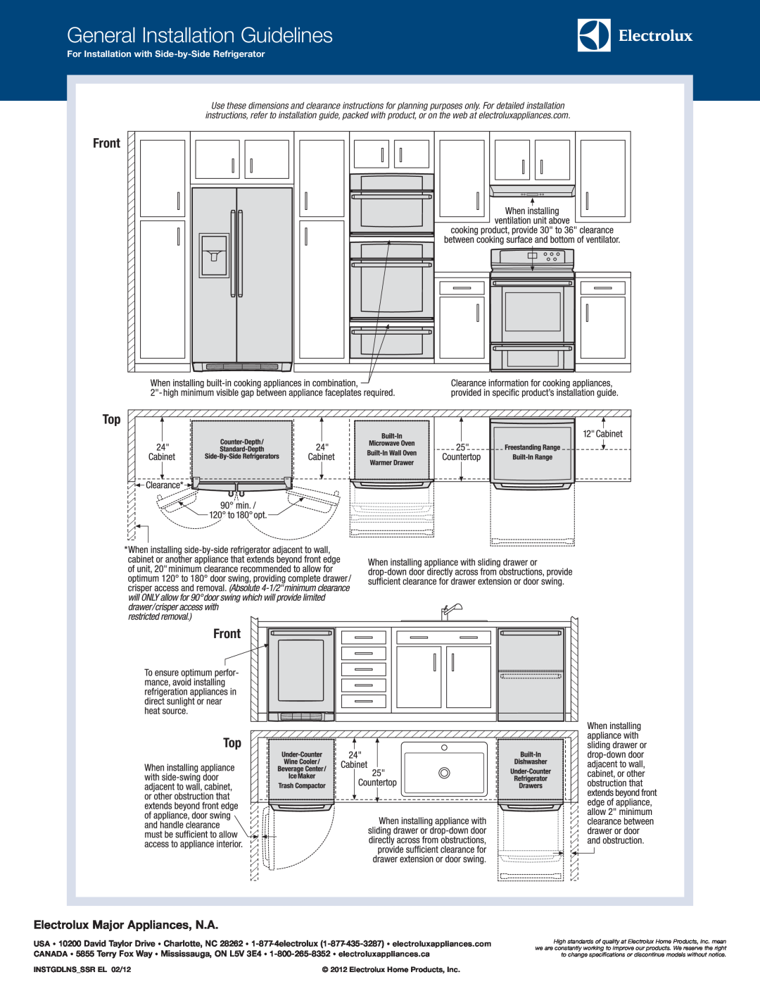 Electrolux EI27EW45JS General Installation Guidelines, Front Top, Electrolux Major Appliances, N.A, INSTGDLNSSSR EL 02/12 