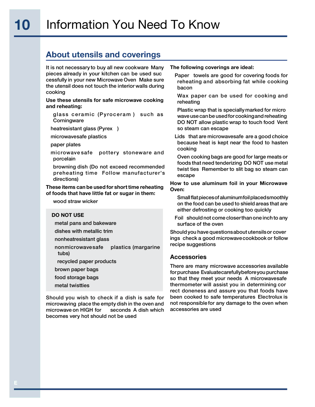 Electrolux EI30MO45TK, EI27MO45TK, EI27MO45GS manual About utensils and coverings, Accessories 