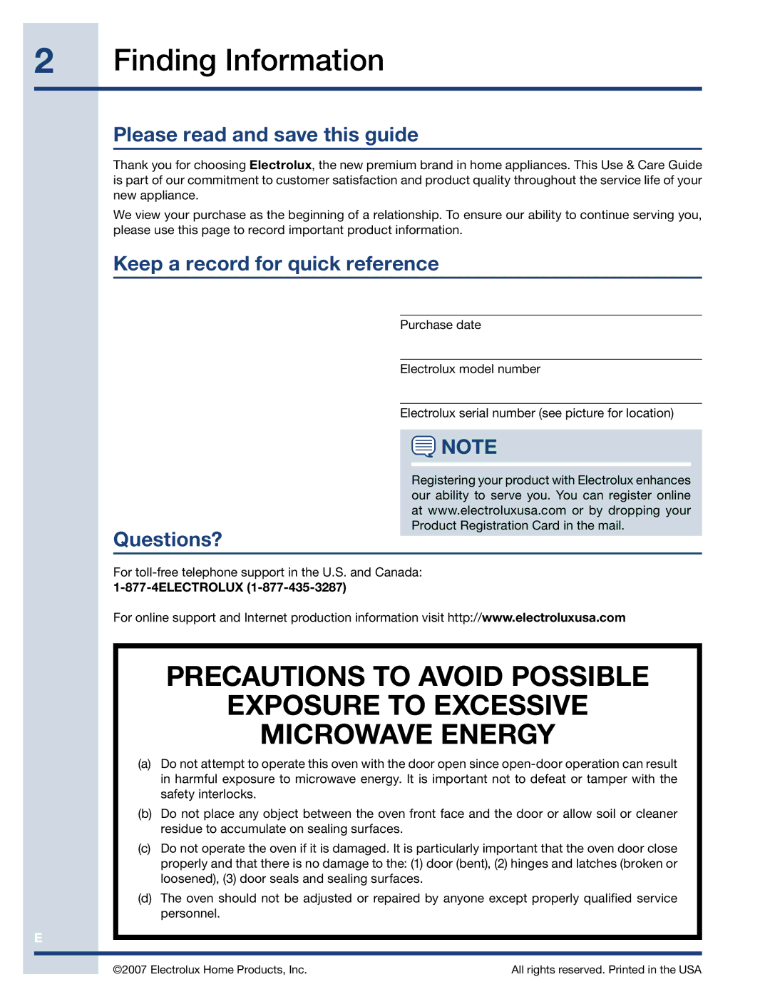 Electrolux EI27MO45GS Finding Information, Please read and save this guide, Keep a record for quick reference, Questions? 