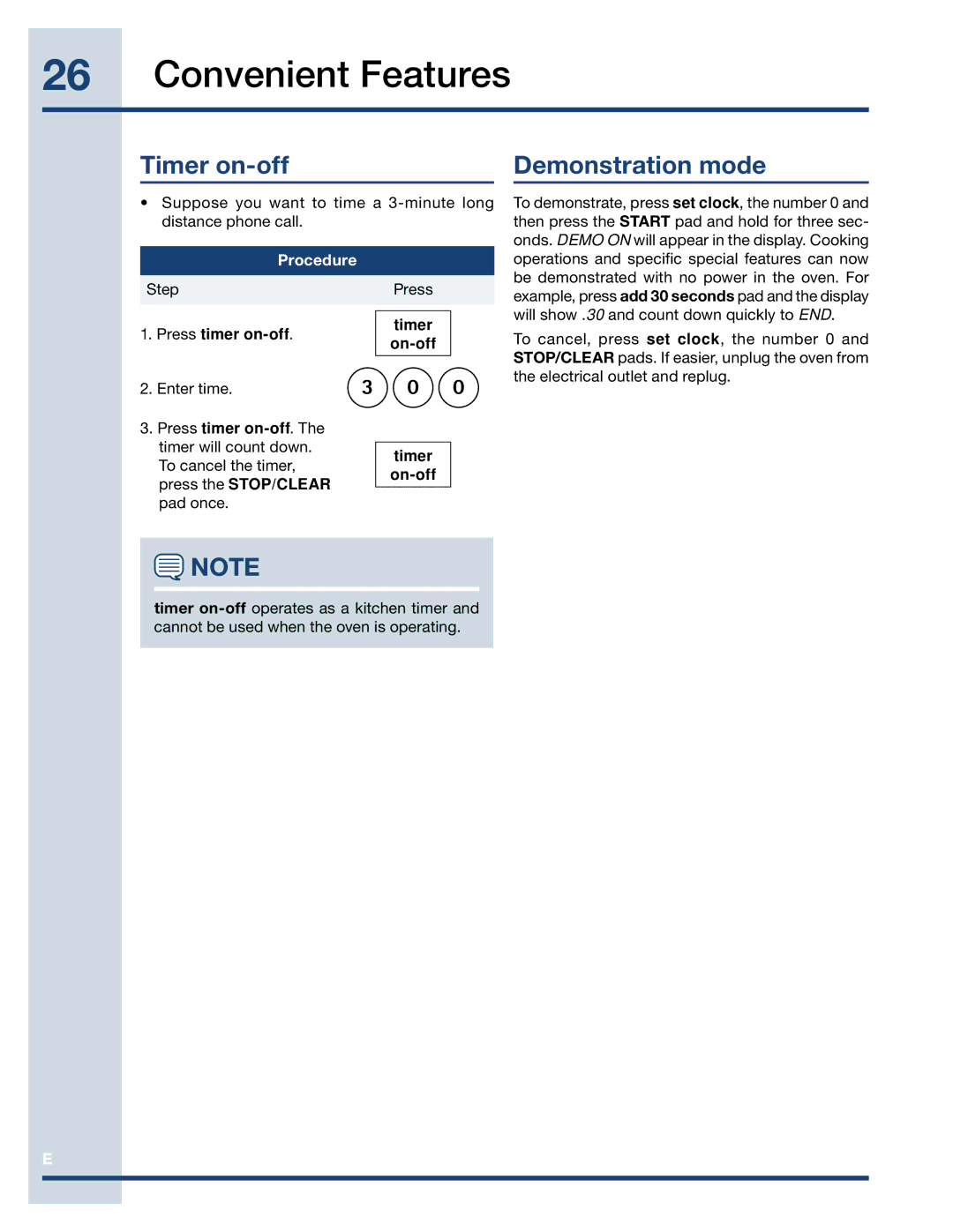 Electrolux EI27MO45GS, EI27MO45TK, EI30MO45TK manual Timer on-off, Demonstration mode, Press timer on-off, Timer On-off 