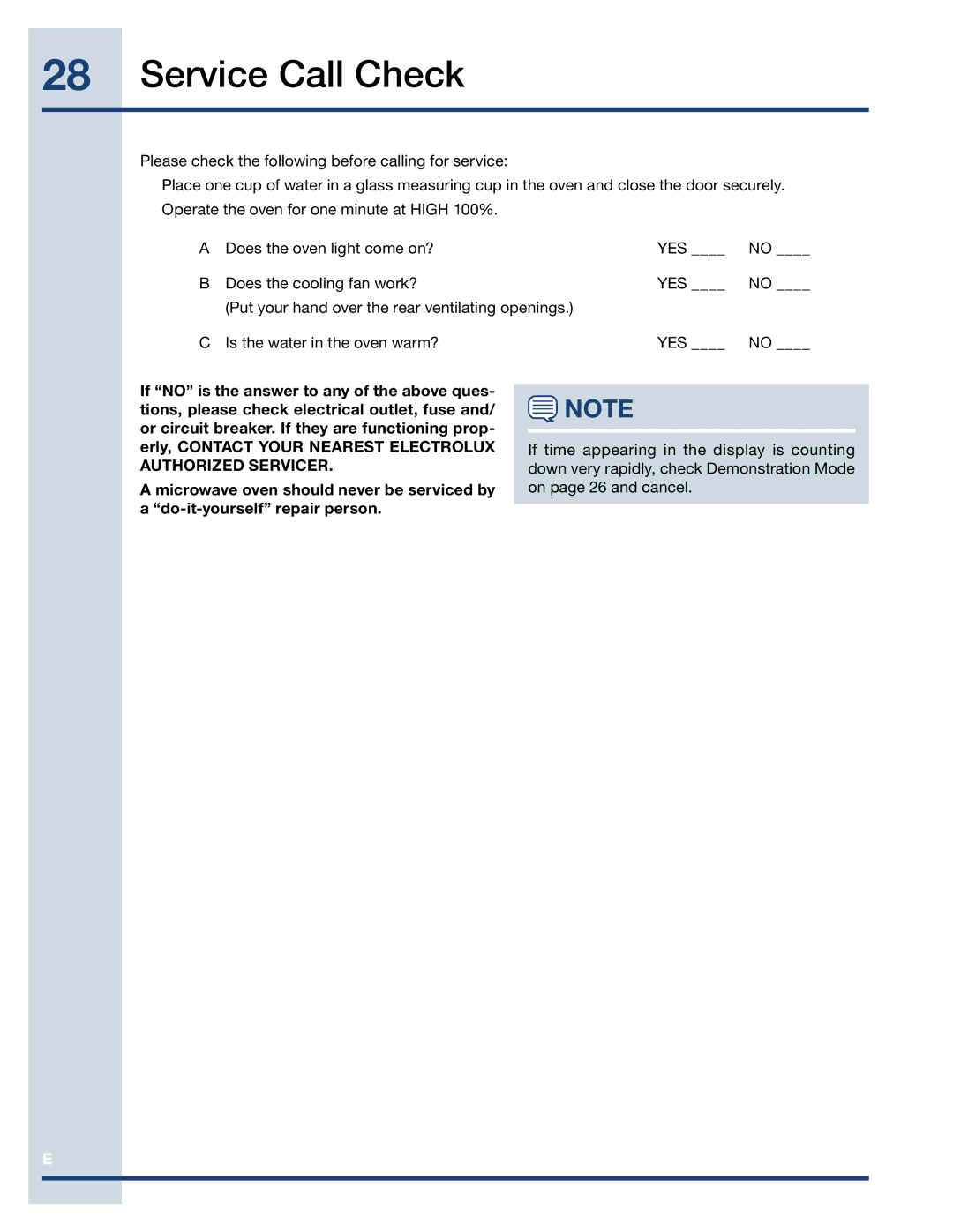 Electrolux EI30MO45TK, EI27MO45TK, EI27MO45GS manual Service Call Check 