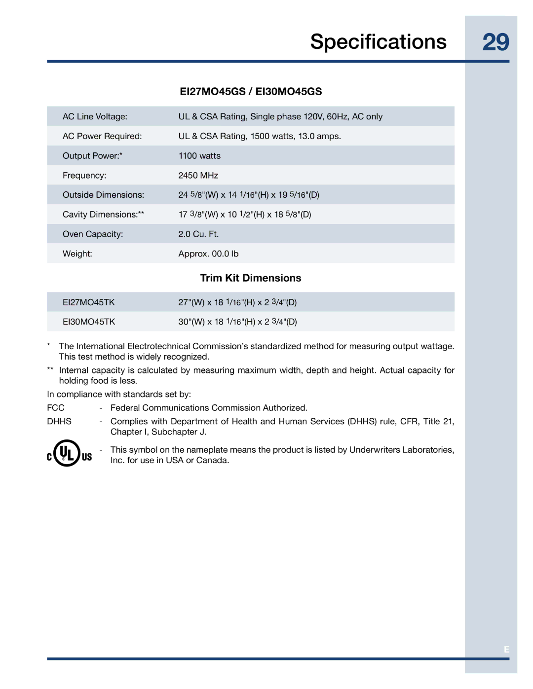 Electrolux EI27MO45GS, EI27MO45TK, EI30MO45TK manual Specifications, Trim Kit Dimensions 