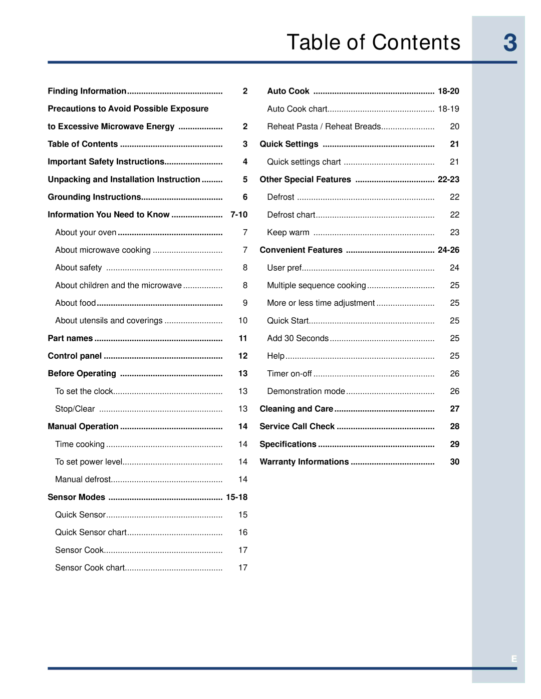 Electrolux EI27MO45TK, EI30MO45TK, EI27MO45GS manual Table of Contents 