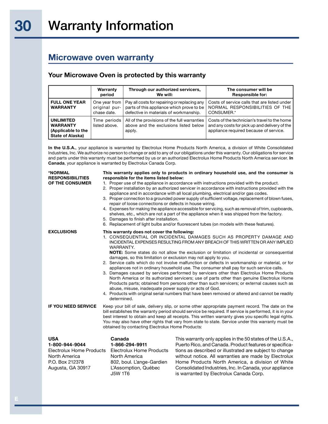 Electrolux EI27MO45TK Warranty Information, Microwave oven warranty, Your Microwave Oven is protected by this warranty 