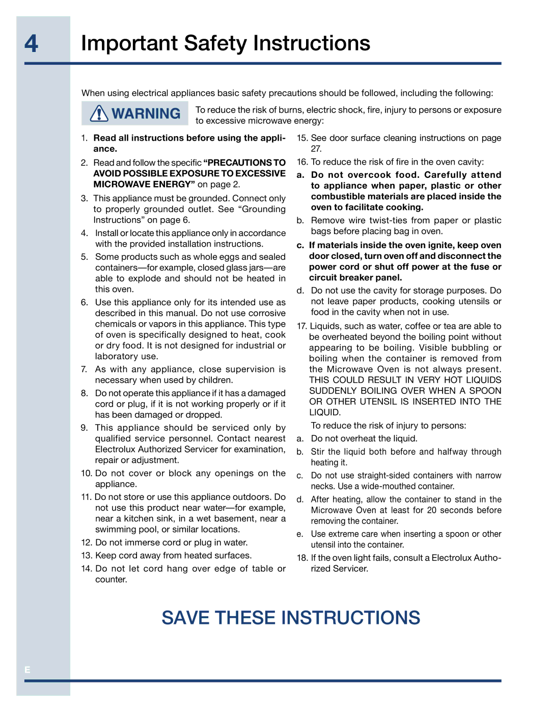 Electrolux EI30MO45TK, EI27MO45TK Important Safety Instructions, Avoid Possible Exposure to Excessive Microwave Energy on 