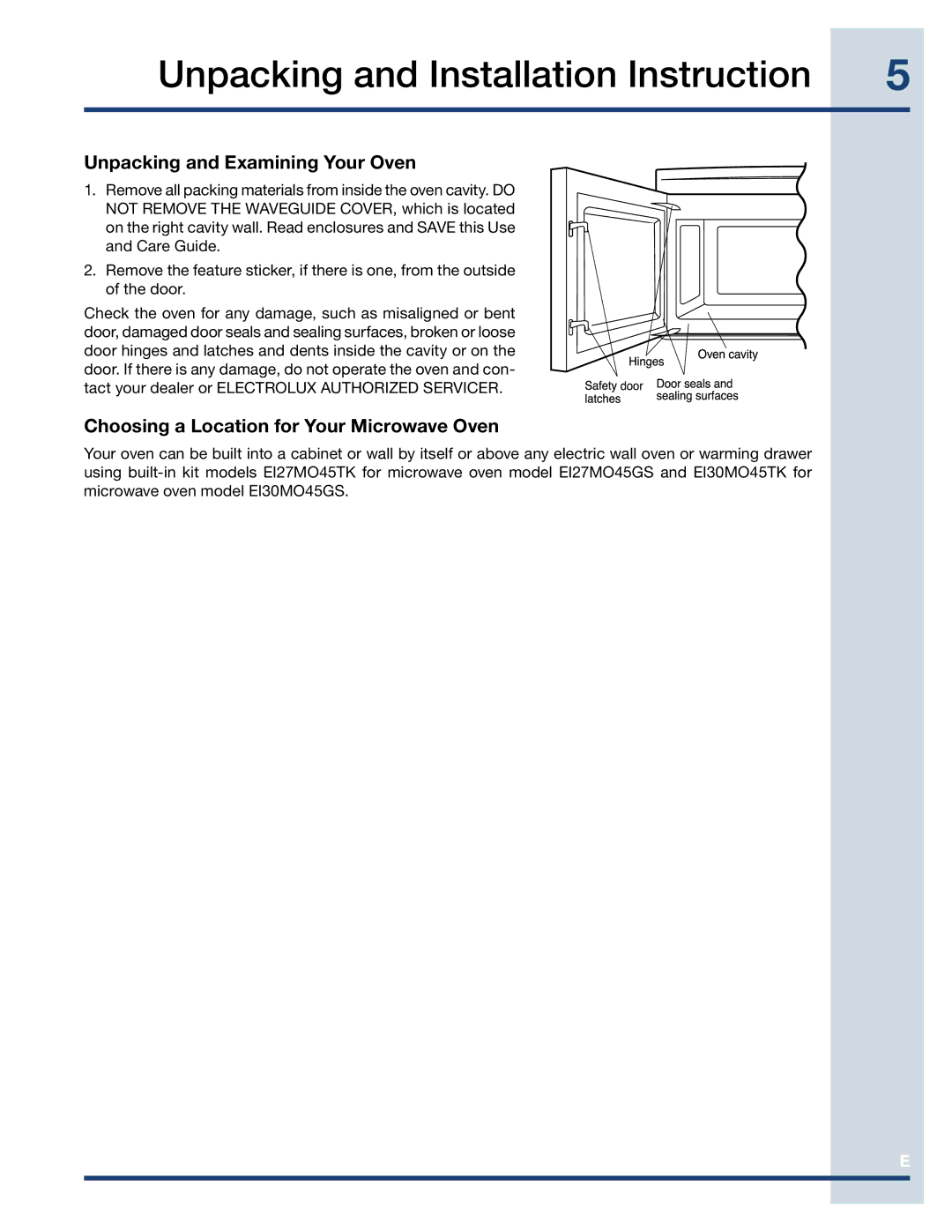 Electrolux EI27MO45GS, EI27MO45TK, EI30MO45TK Unpacking and Installation Instruction, Unpacking and Examining Your Oven 