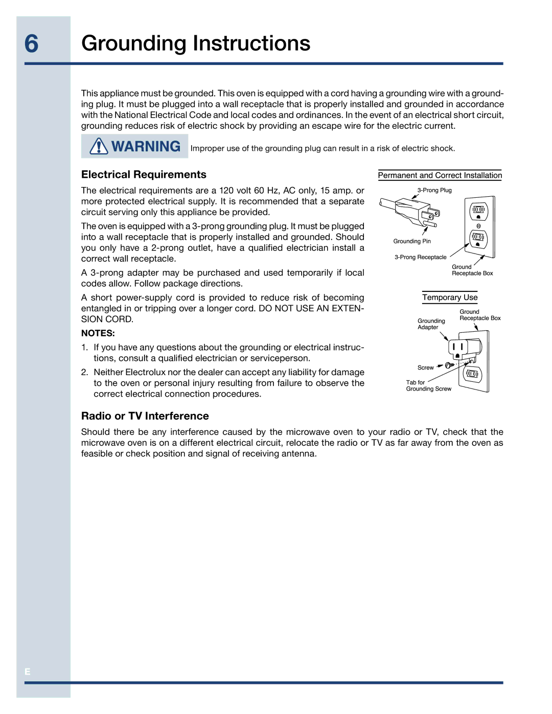 Electrolux EI27MO45TK, EI30MO45TK, EI27MO45GS  Grounding Instructions, Electrical Requirements, Radio or TV Interference 