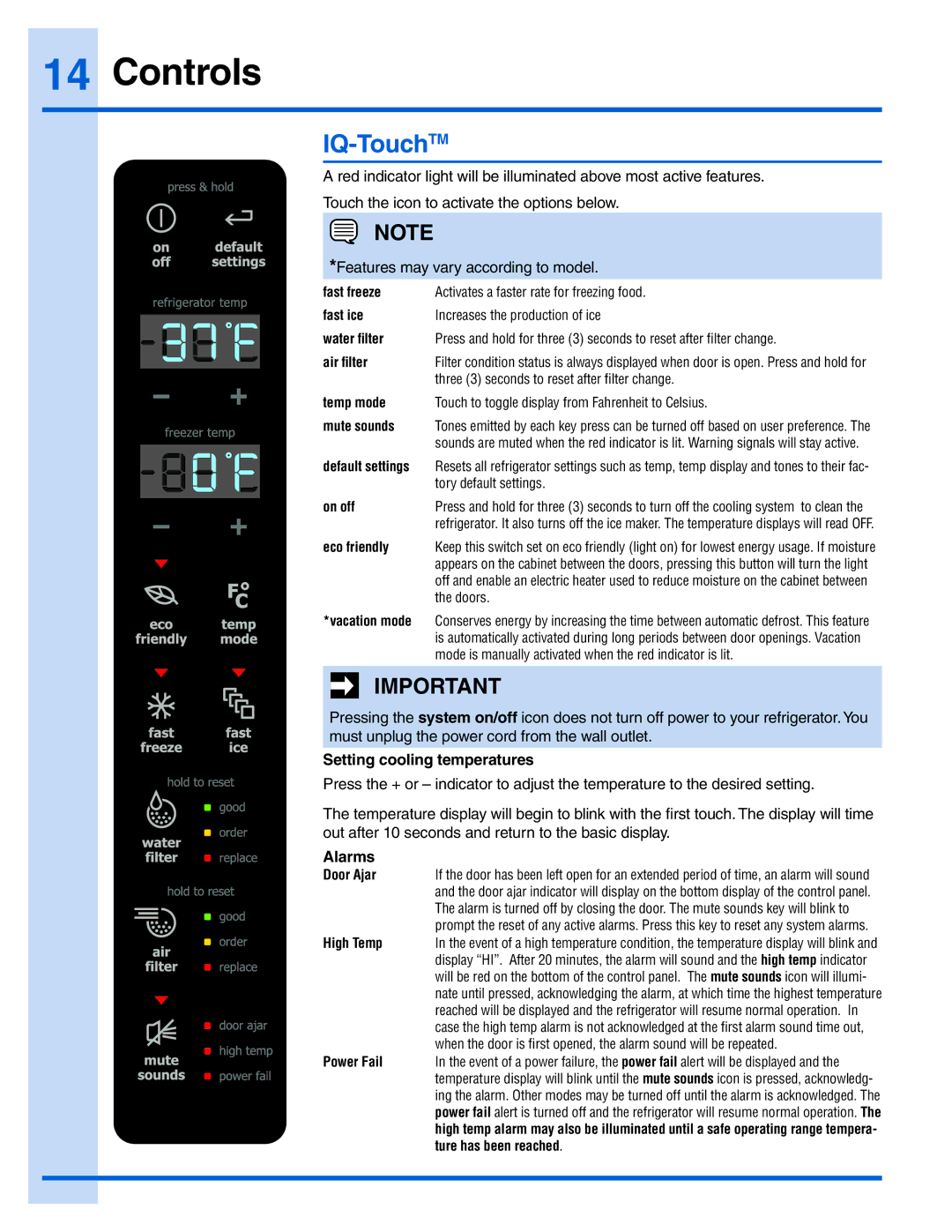 Electrolux EI28BS36IB, EI28BS36IS manual Controls, IQ-TouchTM, Setting cooling temperatures, Alarms 