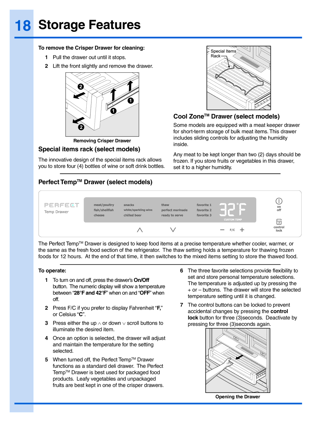 Electrolux EI28BS36IB, EI28BS36IS manual Special items rack select models, Cool ZoneTM Drawer select models, To operate 