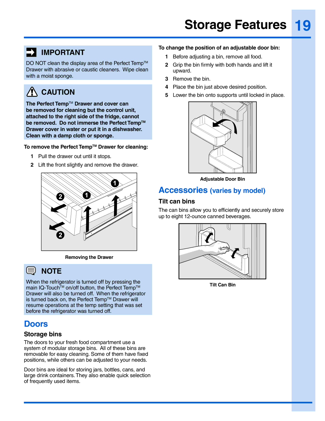 Electrolux EI28BS36IS, EI28BS36IB Doors, Tilt can bins, Storage bins, To remove the Perfect TempTM Drawer for cleaning 