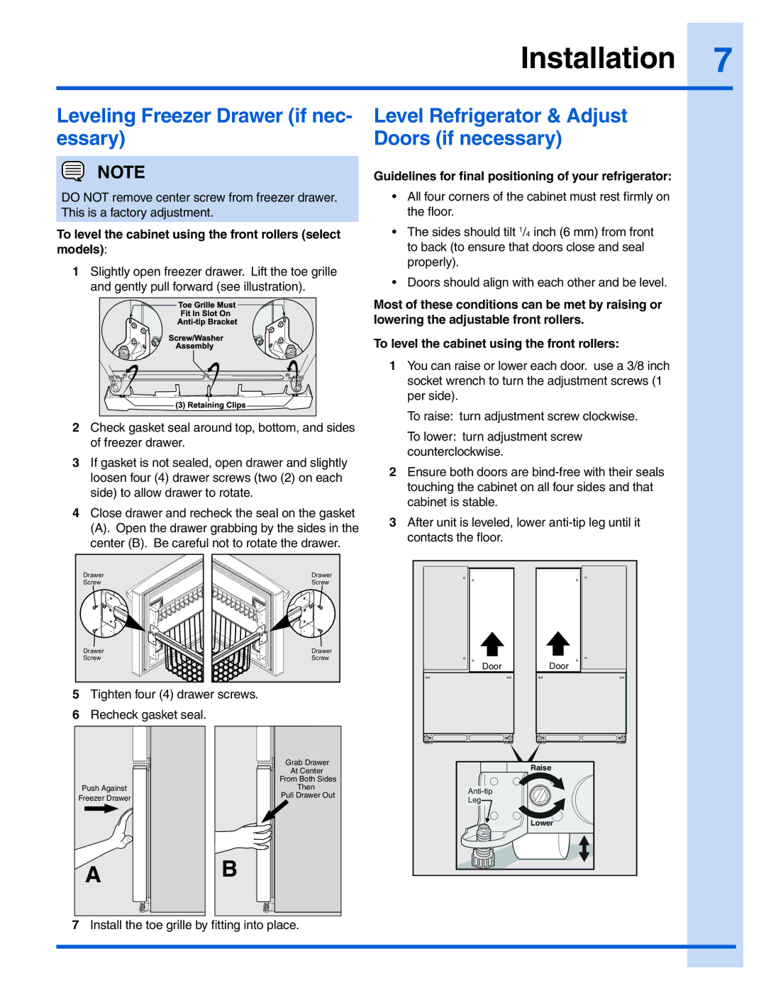 Electrolux EI28BS36IS, EI28BS36IB Leveling Freezer Drawer if nec- essary, Level Refrigerator & Adjust Doors if necessary 