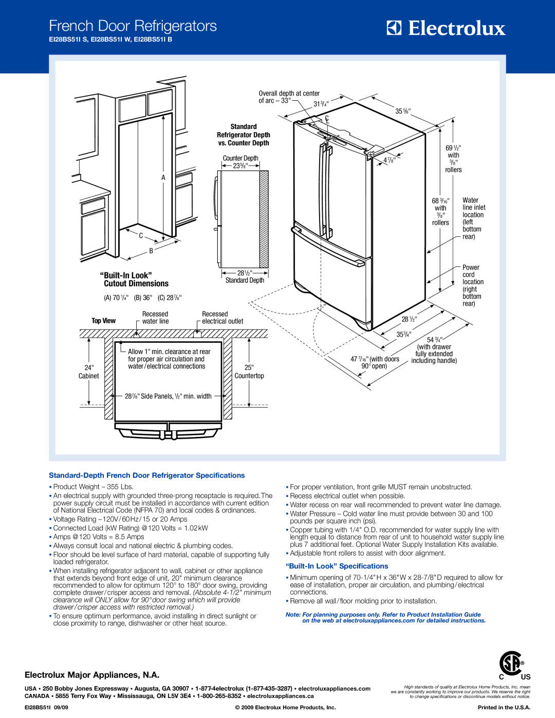 Electrolux EI28BS51IS, EI28BS51IB Cutout Dimensions, Electrolux Major Appliances, N.A, Built-In Look Specifications 