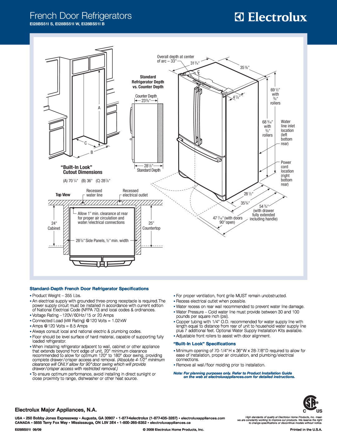 Electrolux EI28BS51IS Standard-Depth French Door Refrigerator Specifications, “Built-In Look” Specifications, Top View 