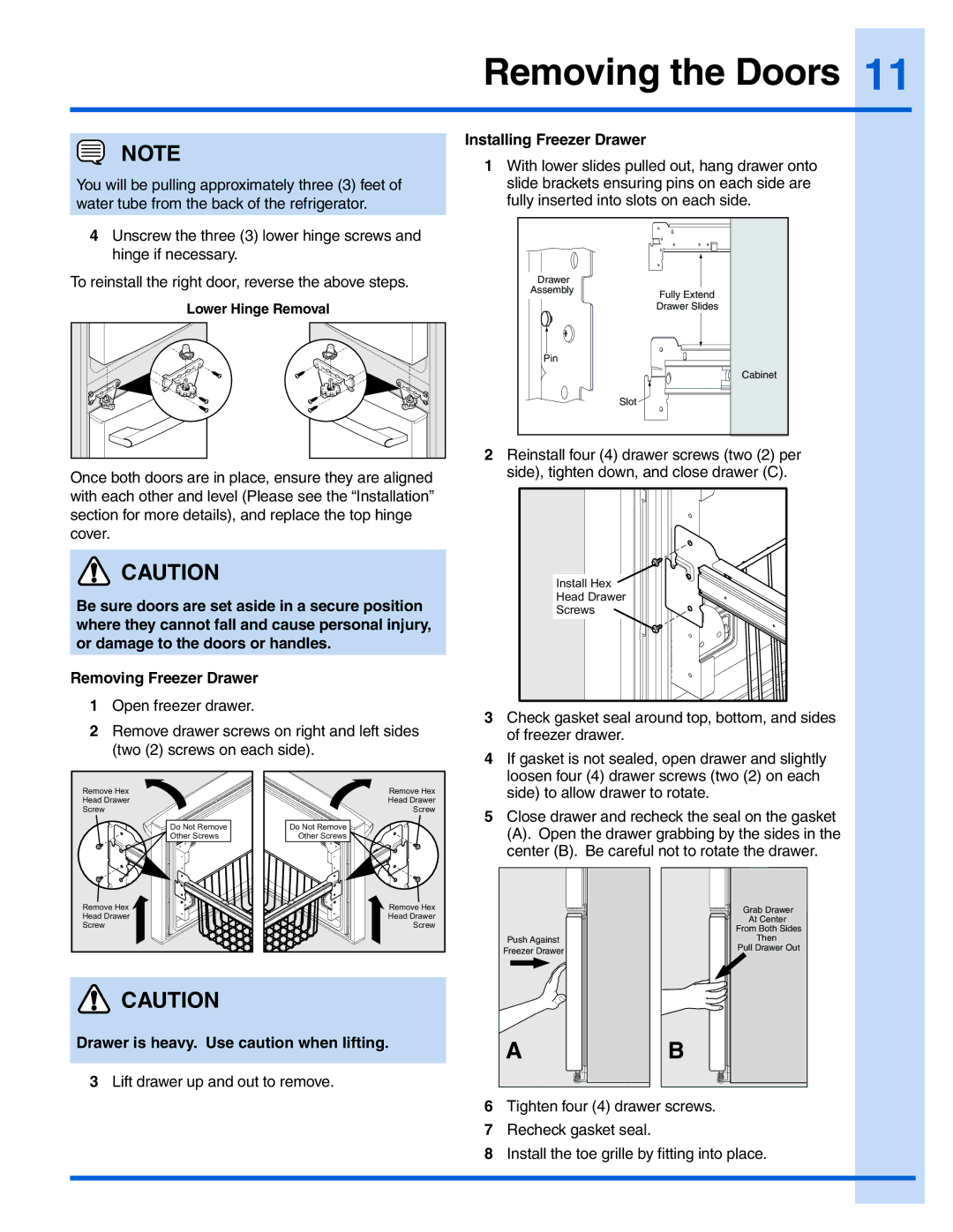 Electrolux EW23BC71IB, EI28BS56IB, EW23BC71IW manual Installing Freezer Drawer, Drawer is heavy. Use caution when lifting 