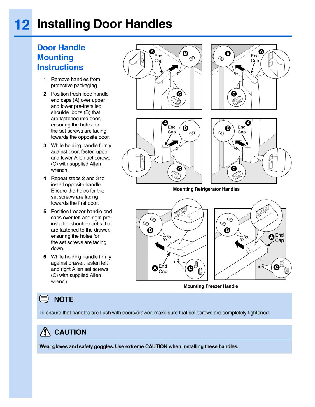 Electrolux EI28BS56IB, EW23BC71IW, EW23BC71IB manual Installing Door Handles, Door Handle Mounting Instructions 