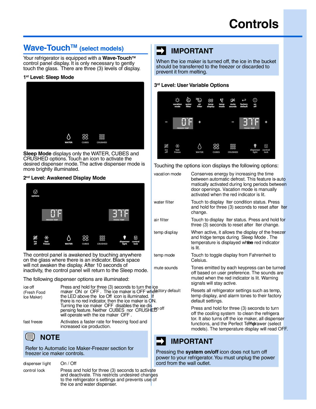 Electrolux EI28BS56IB, EW23BC71IW 1st Level Sleep Mode, 2nd Level Awakened Display Mode, 3rd Level User Variable Options 