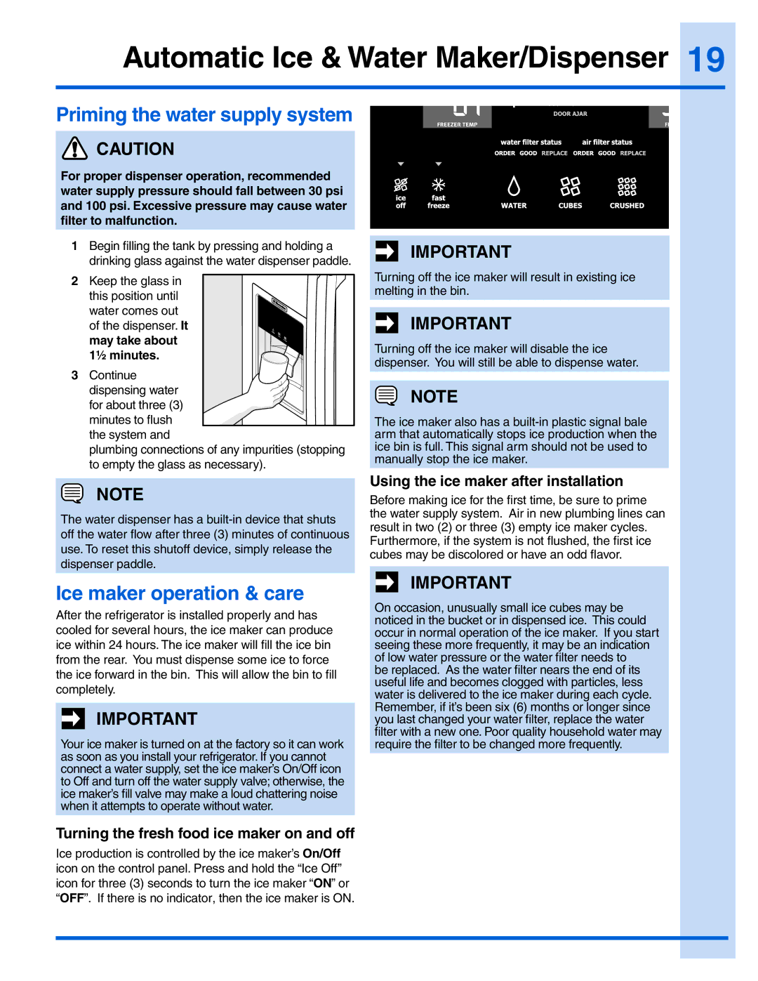 Electrolux EW23BC71IW Automatic Ice & Water Maker/Dispenser, Priming the water supply system, Ice maker operation & care 