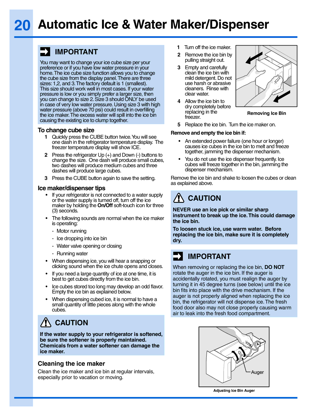 Electrolux EW23BC71IB, EI28BS56IB, EW23BC71IW manual To change cube size, Ice maker/dispenser tips, Cleaning the ice maker 