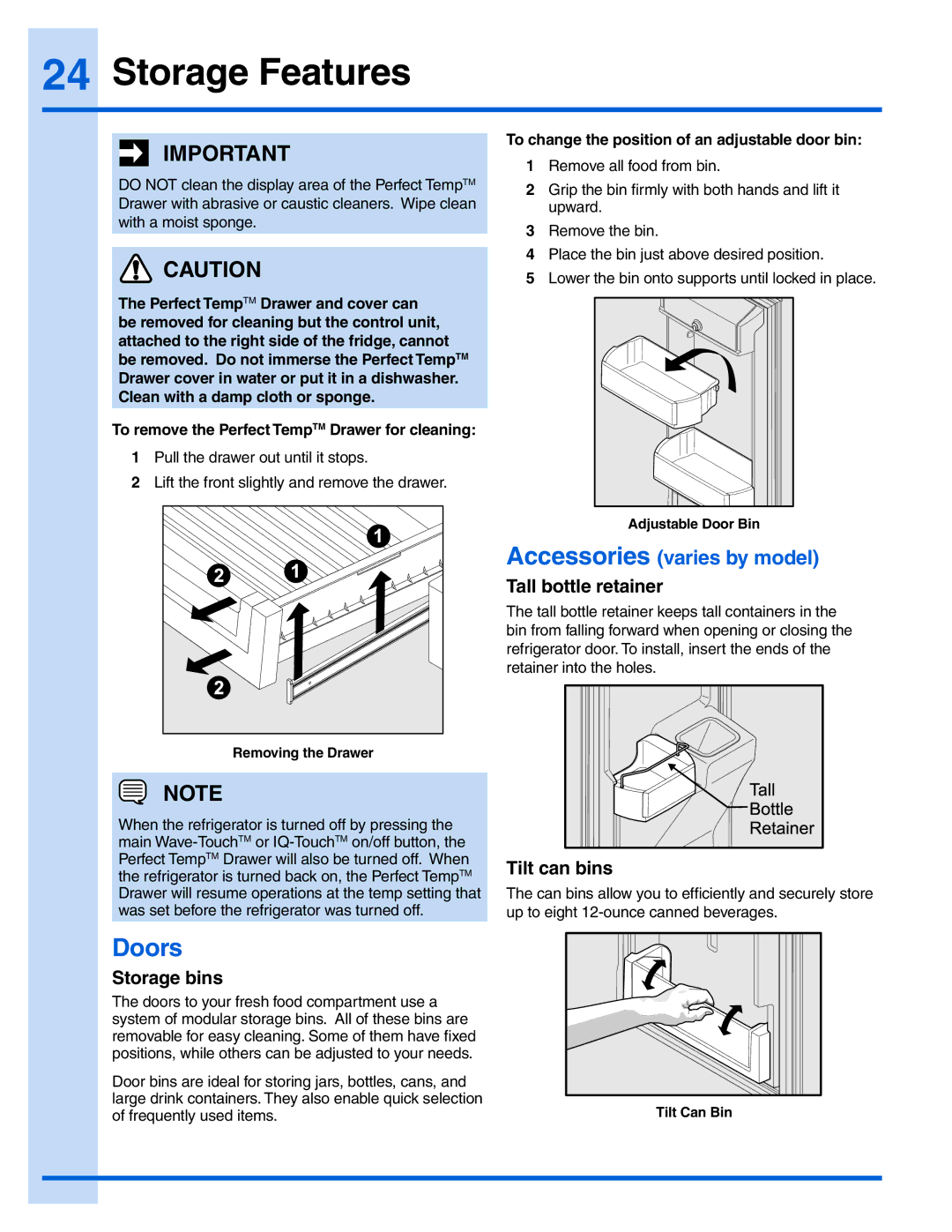Electrolux EI28BS56IB, EW23BC71IW, EW23BC71IB manual Doors, Storage bins, Tall bottle retainer, Tilt can bins 