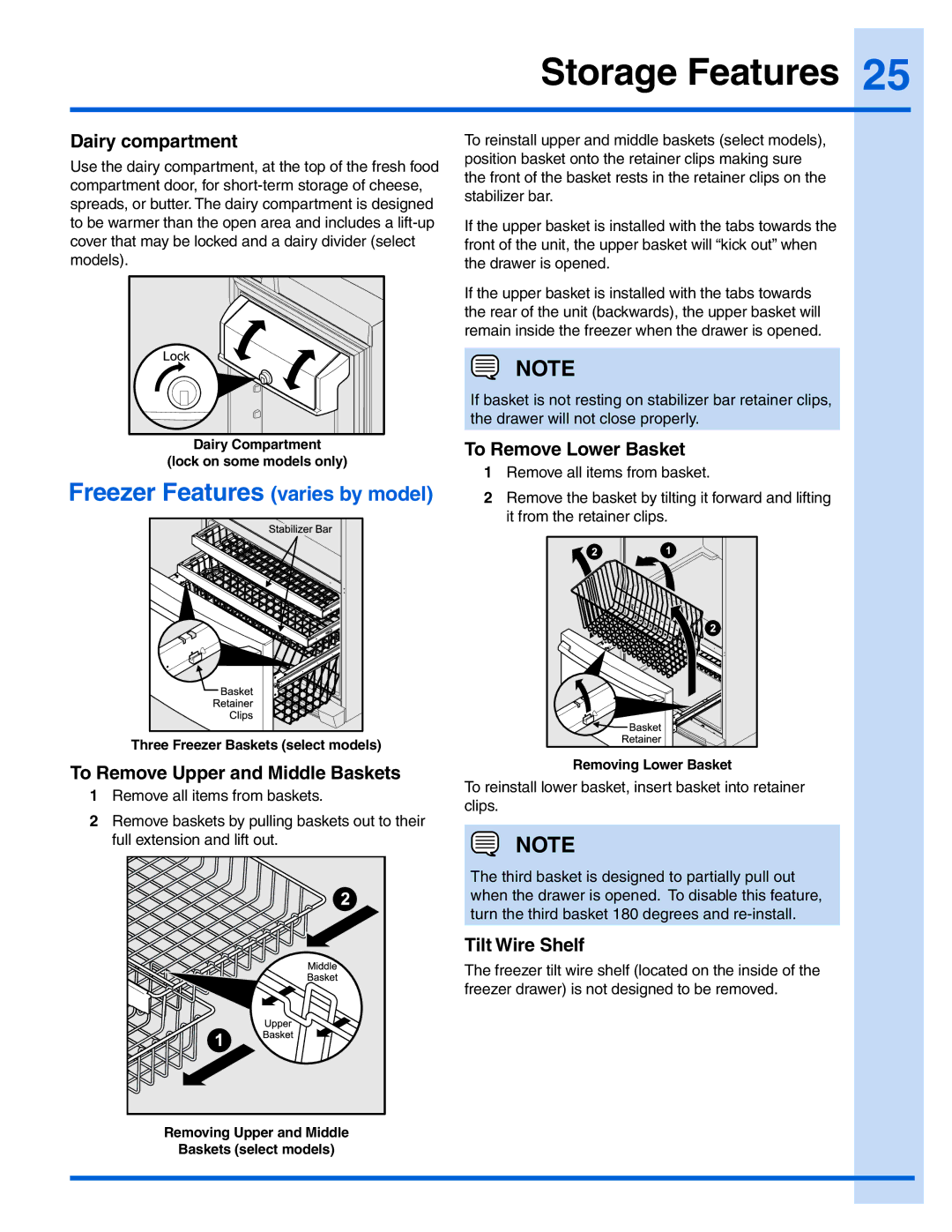 Electrolux EW23BC71IW, EI28BS56IB Freezer Features varies by model, Dairy compartment, To Remove Upper and Middle Baskets 