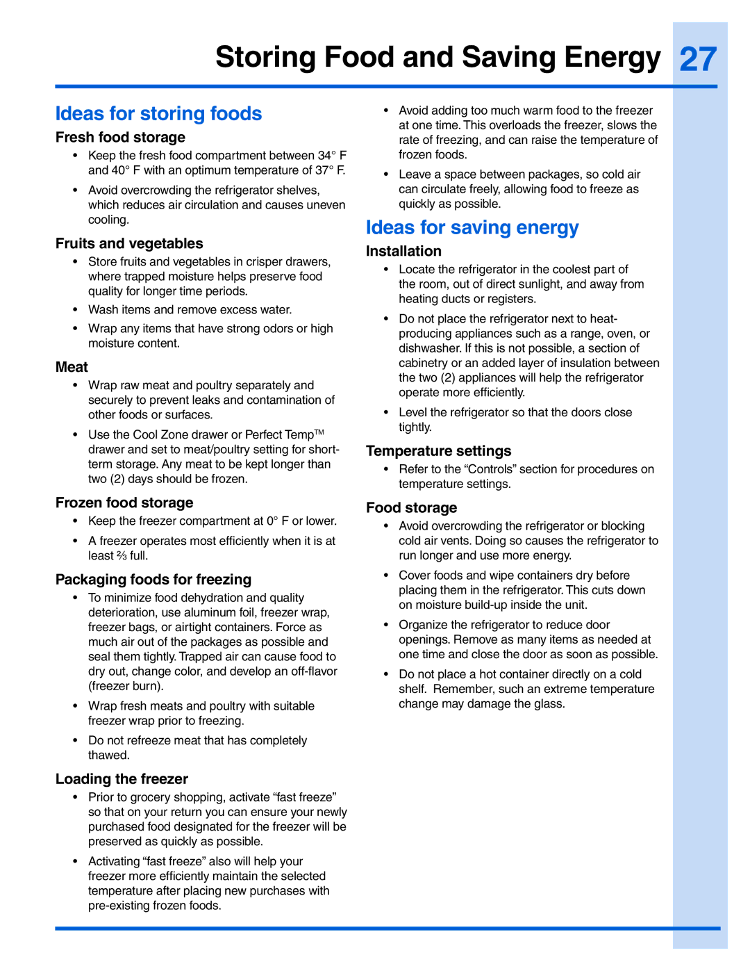 Electrolux EI28BS56IB, EW23BC71IW manual Storing Food and Saving Energy, Ideas for storing foods, Ideas for saving energy 
