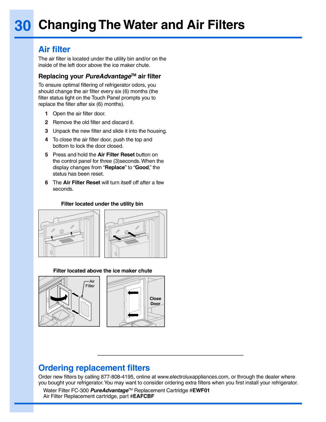 Electrolux EI28BS56IB, EW23BC71IW manual Air filter, Ordering replacement filters, Replacing your PureAdvantageTM air filter 
