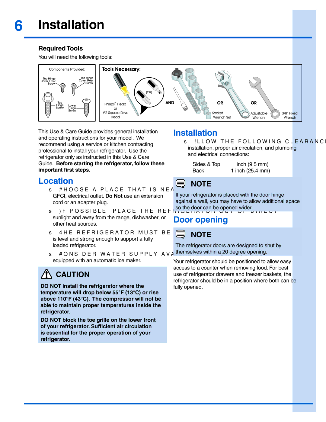 Electrolux EI28BS56IB, EW23BC71IW, EW23BC71IB manual Installation, Location, Door opening, Required Tools 