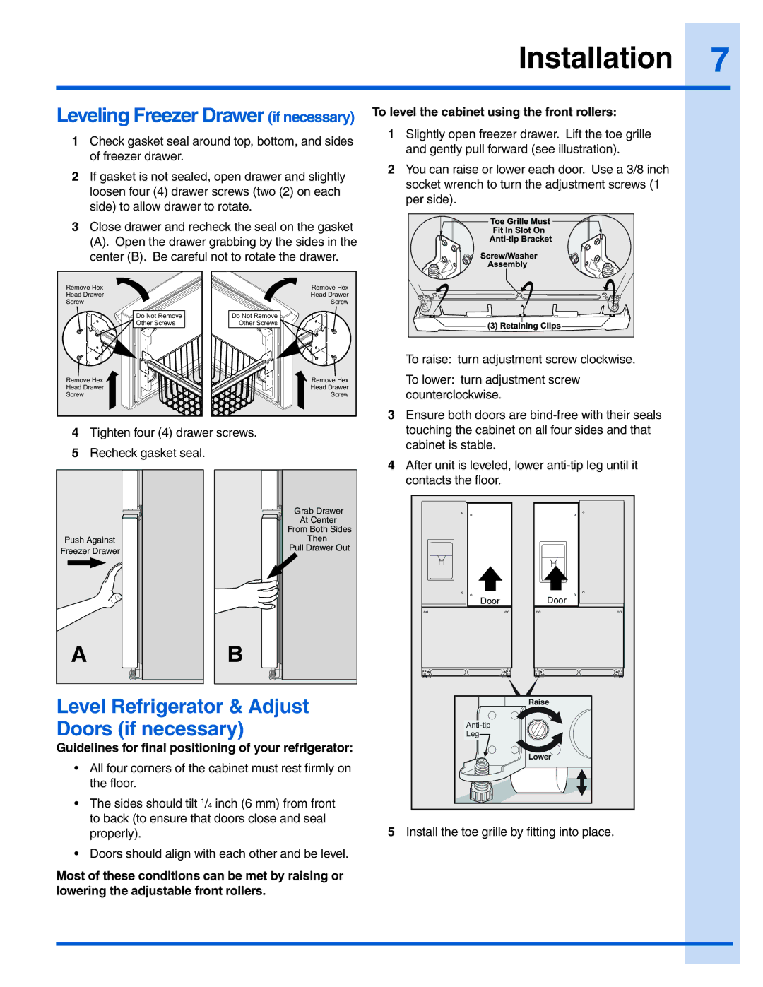 Electrolux EW23BC71IW manual Level Refrigerator & Adjust Doors if necessary, To level the cabinet using the front rollers 