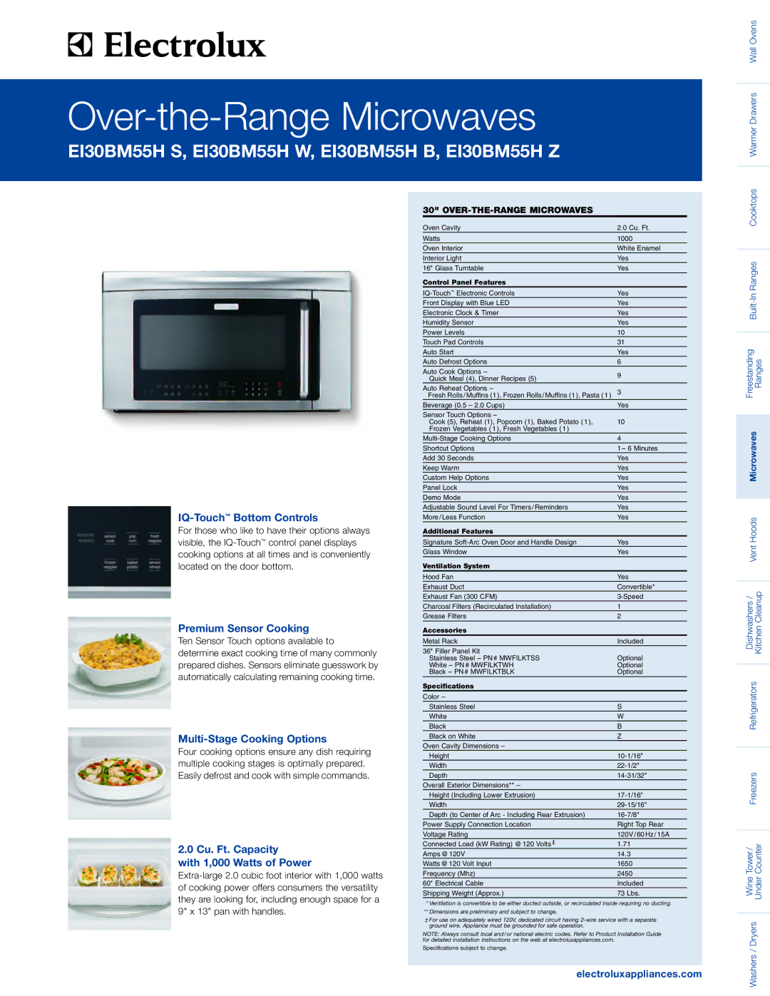 Electrolux EI30BM55HW specifications IQ-TouchBottom Controls, Premium Sensor Cooking, Multi-Stage Cooking Options 