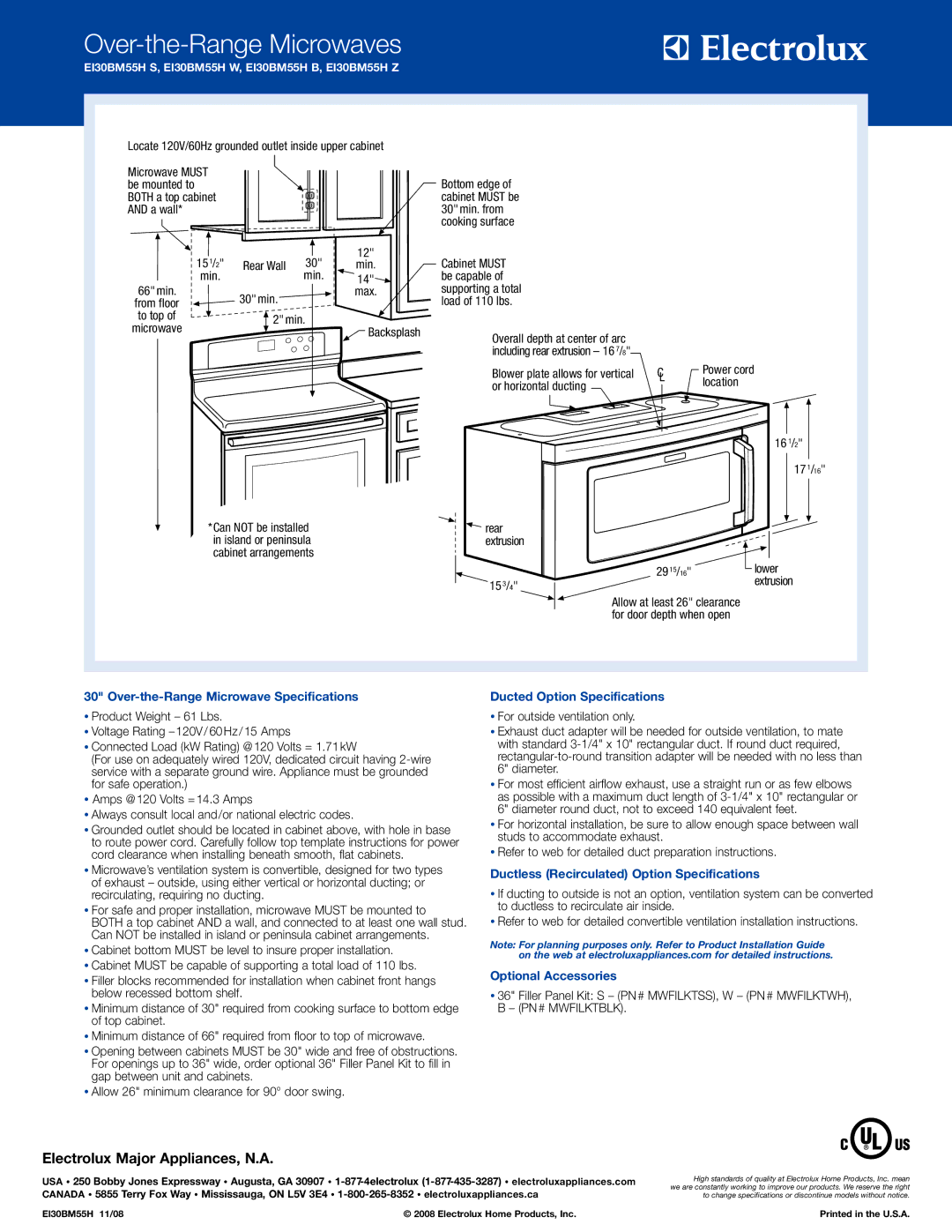 Electrolux EI30BM55HS Over-the-Range Microwave Specifications, Ducted Option Specifications, Optional Accessories 