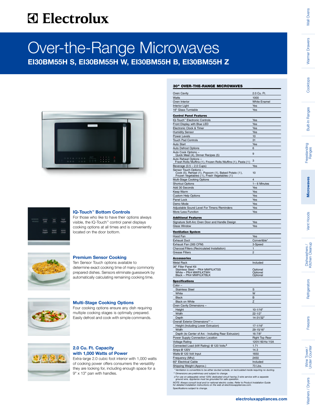 Electrolux EI30BM55HW specifications IQ-Touch Bottom Controls, Premium Sensor Cooking, Multi-Stage Cooking Options 