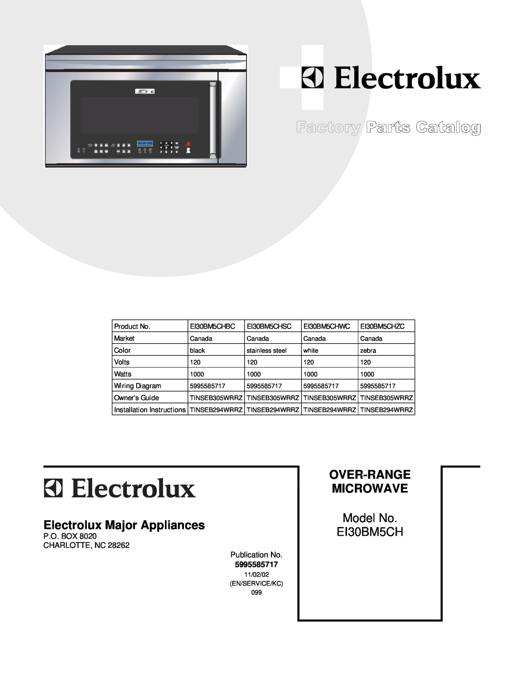 Electrolux EI30BM5CH installation instructions Electrolux Major Appliances, Over-Range, Microwave, Model No, P.O. Box 