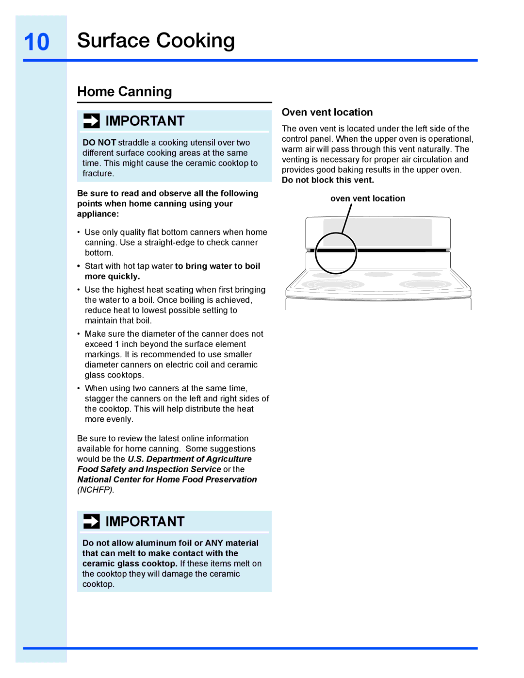 Electrolux EI30EC45KB, EI30EF35JS manual Home Canning, Do not block this vent Oven vent location 