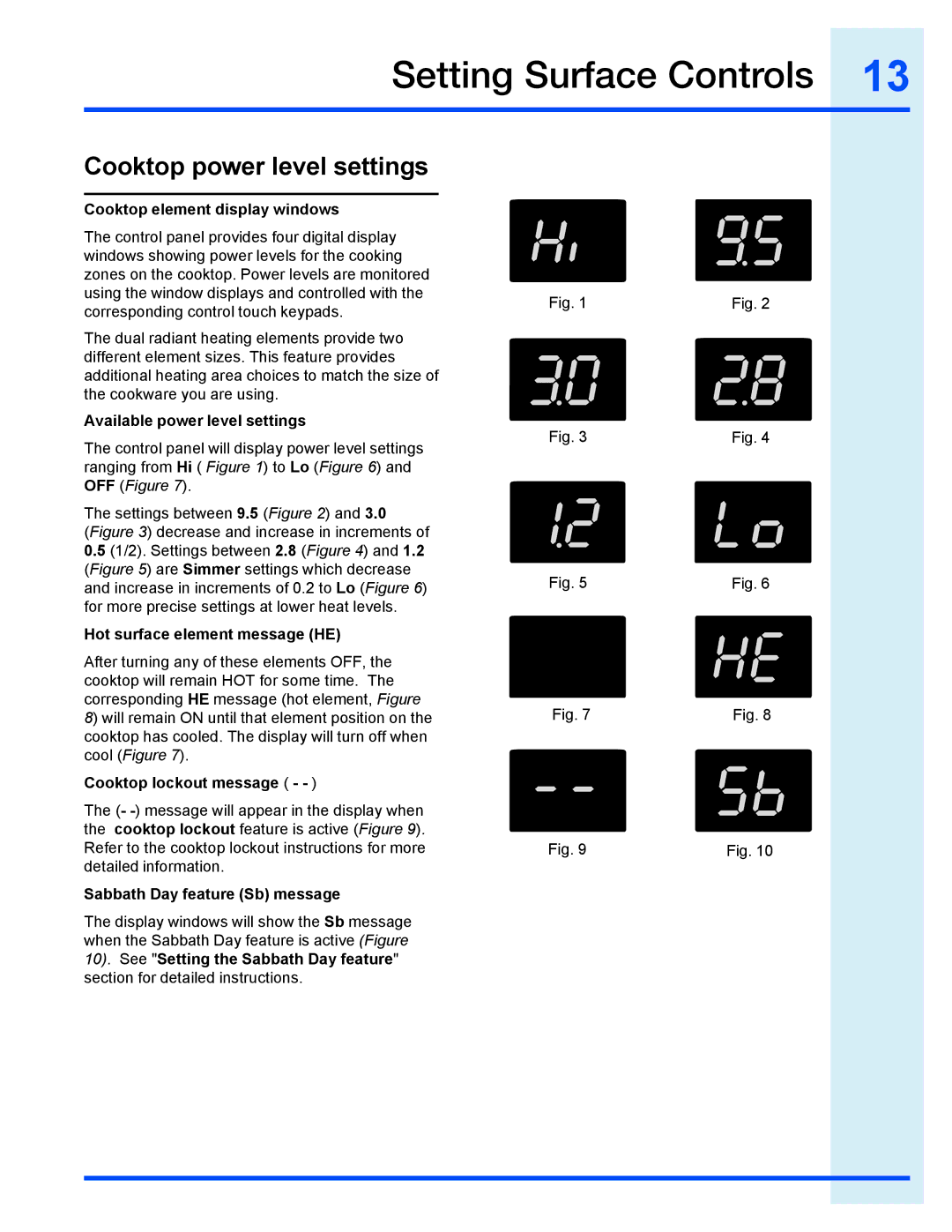 Electrolux EI30EF35JS Cooktop element display windows, Available power level settings, Hot surface element message HE 