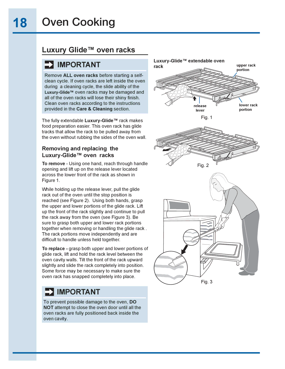 Electrolux EI30EC45KB, EI30EF35JS manual Luxury Glide oven racks, Removing and replacing Luxury-Glide oven racks 