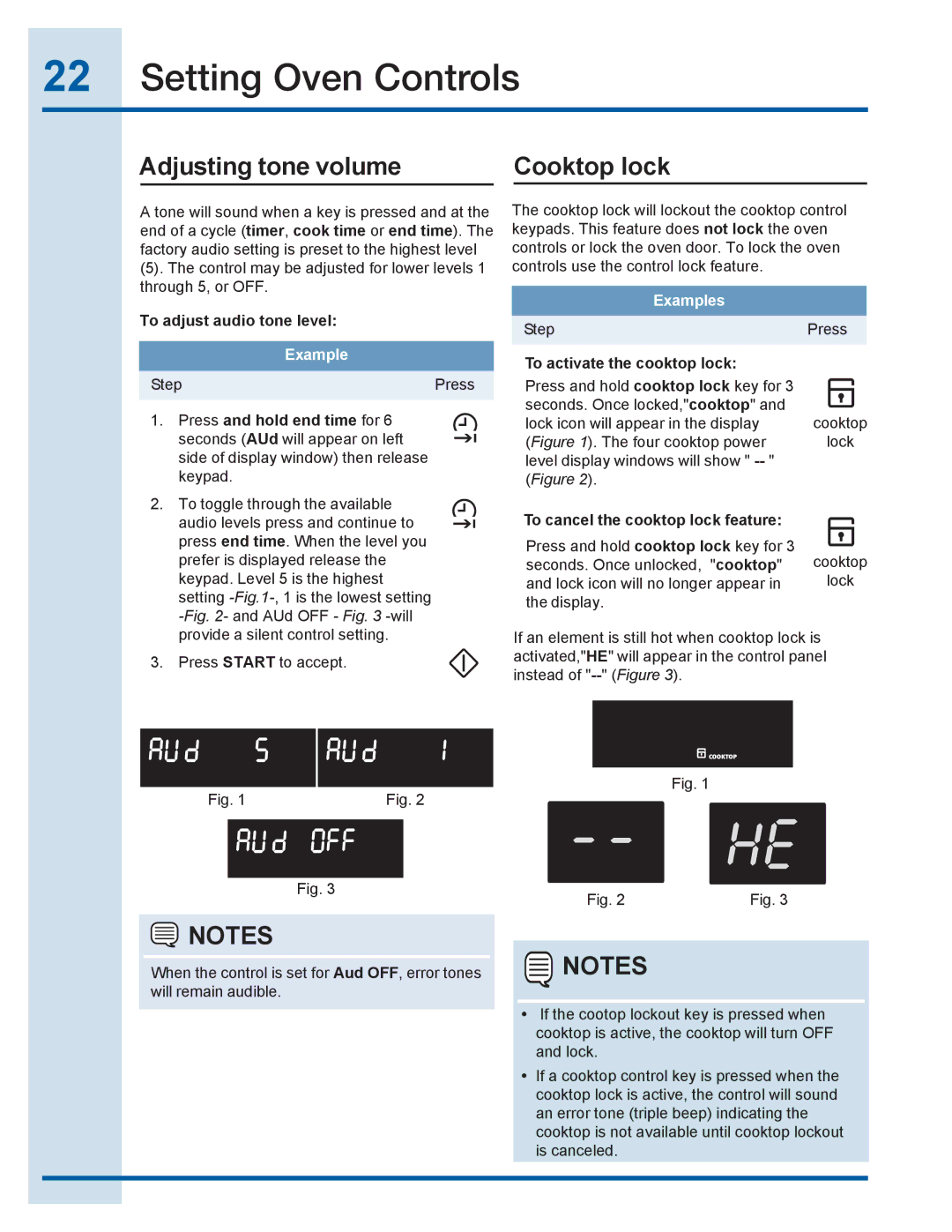 Electrolux EI30EC45KB manual Adjusting tone volume Cooktop lock, To adjust audio tone level, To activate the cooktop lock 