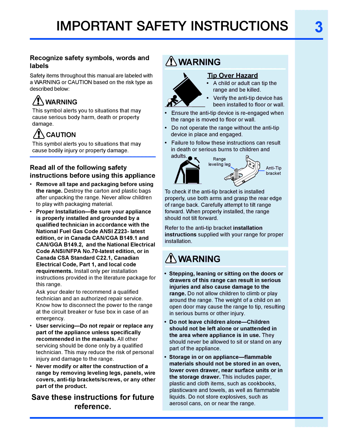 Electrolux EI30EF35JS, EI30EC45KB manual Recognize safety symbols, words and labels, Tip Over Hazard 